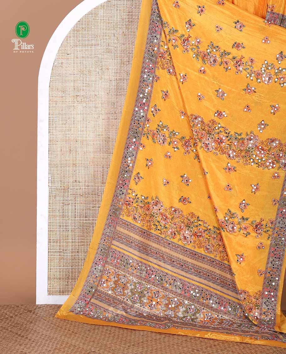 Yellow rose flower print & mirror work masakali saree, self-border & pallu of print & mirror work, floral printed blouse