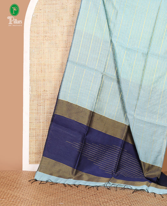 Borderless blue horizontal zari striped semi-raw silk saree, striped pallu & contrast navy blue plain blouse