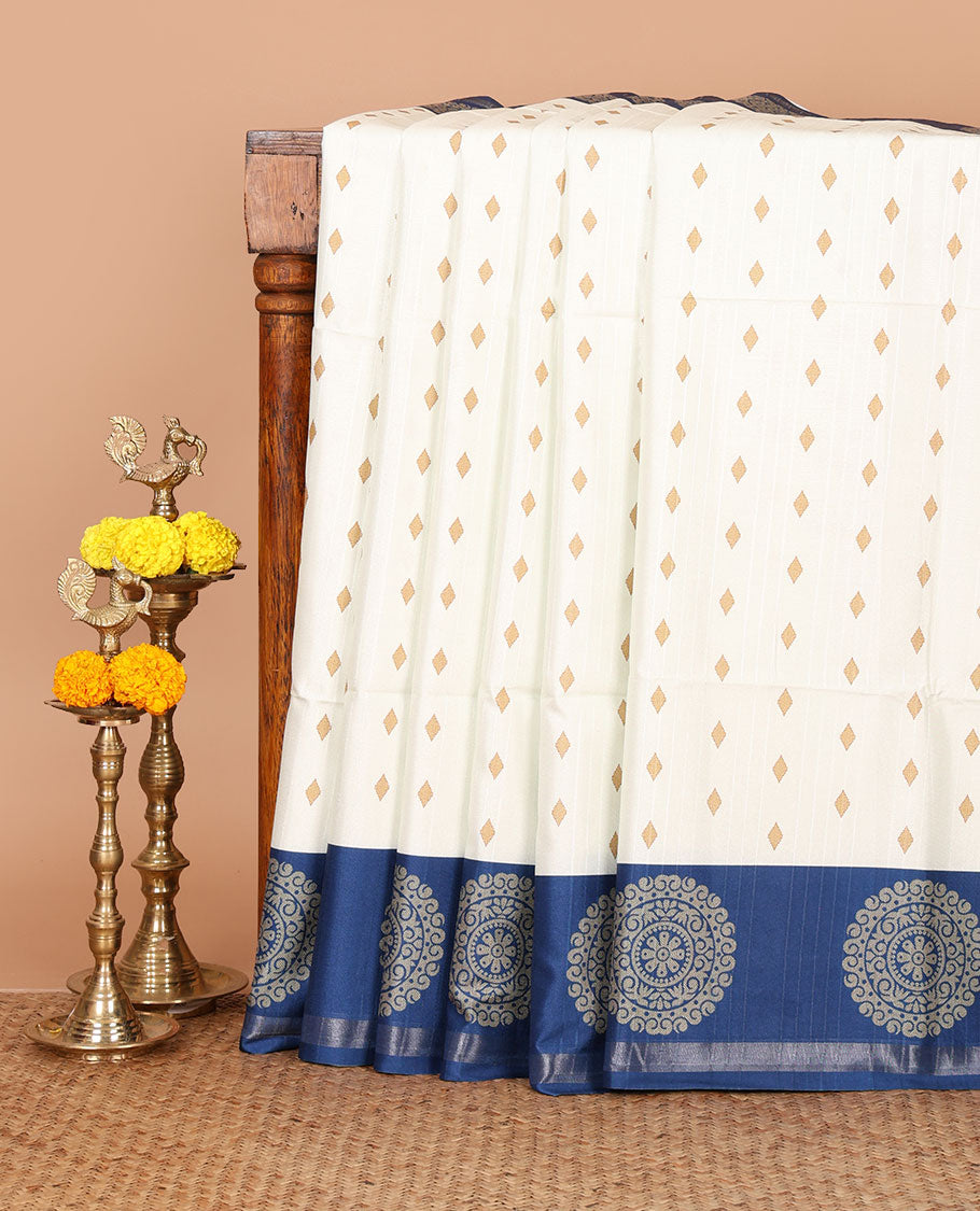 Half-white stripes & thread buttas Kathan silk saree, contrast chakram motif border, jaal print pallu & contrast jaal print blouse