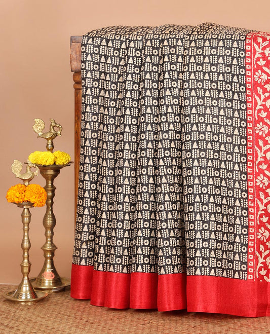 Maroon batik-style geometric motifs block printed khadi cotton saree,contrast border, batik floral print pallu & plain black blouse