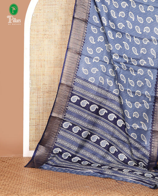 Grey zari striped & batik-paisley dola silk saree,contrast traditional zari border,printed pallu & zari striped & butta print blouse