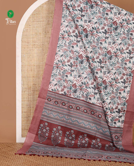 White tropical floral printed khadi cotton saree,contrast brown printed border,floral-geometric printed pallu & tropical floral print blouse