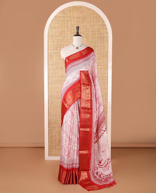 Cream checked & kalamkari-floral & bird dola silk saree, contrast traditional zari red border, kalamkari bird print pallu & printed blouse
