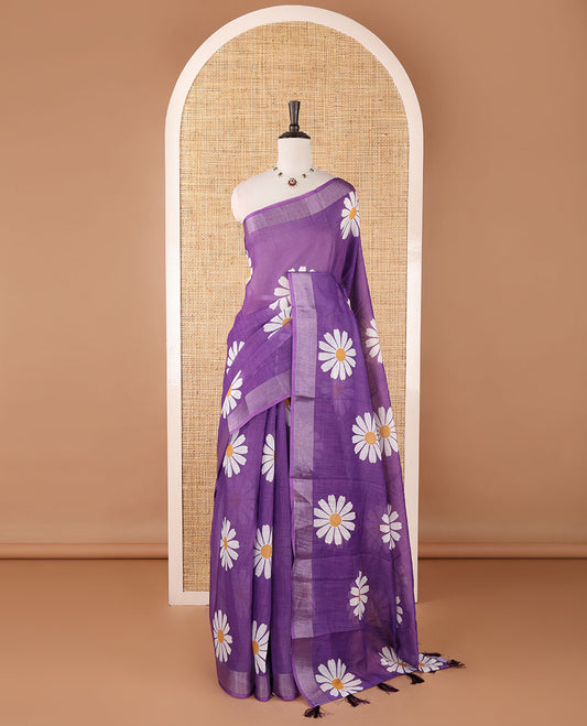 Purple sunflower motif printed linen saree, silver zari plain border & small sunflower motif print blouse