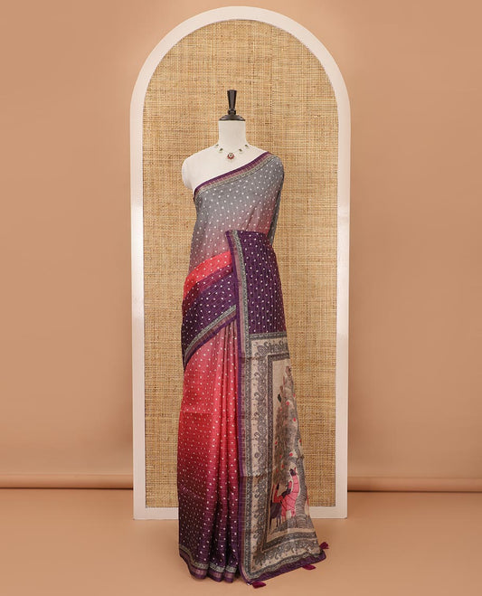 Multi-color ombre-style dyed bandhani dots print checked khadi tussar saree,piping printed border,flora-fauna printed pallu & contrast printed blouse