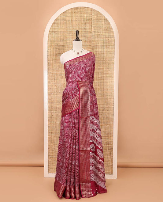 Maroon bandhani printed viscose moss chiffon saree, zari design border, floral-geometric printed pallu & diamond motif printed blouse