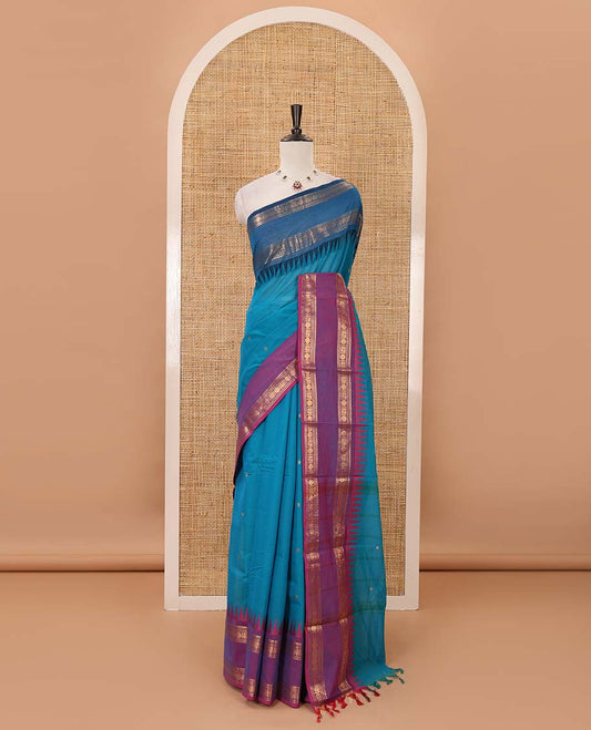 Blue buttas Chettinad cotton saree, contrast ganga jamuna rettai pettu traditional zari border, striped pallu & blouse of zari border