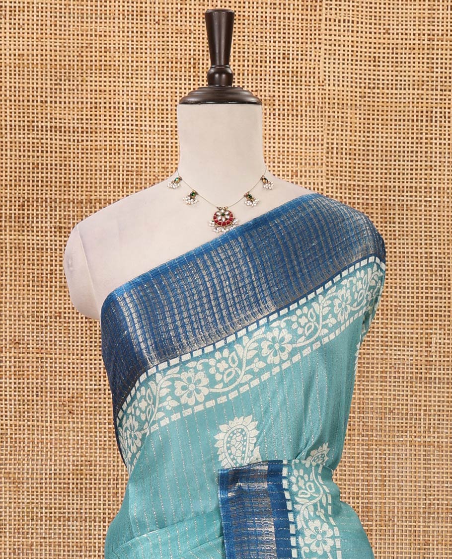 Ramar blue zari striped & batik paisley-floral printed dola silksaree,contrast zari border,batik paisley print pallu & blouse of print & zari work