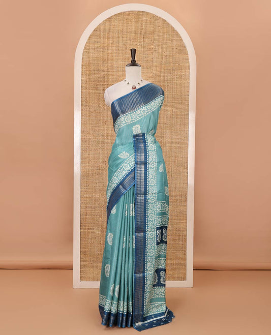 Ramar blue zari striped & batik paisley-floral printed dola silksaree,contrast zari border,batik paisley print pallu & blouse of print & zari work