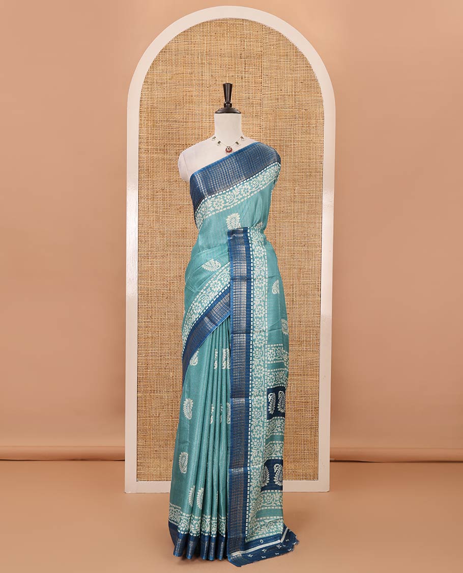 Ramar blue zari striped & batik paisley-floral printed dola silksaree,contrast zari border,batik paisley print pallu & blouse of print & zari work