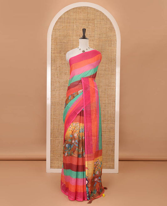 Borderless multi-color ombre striped & handpainting-style flora & birds printed linen cotton saree, Radha motif printed pallu & colorful striped blouse