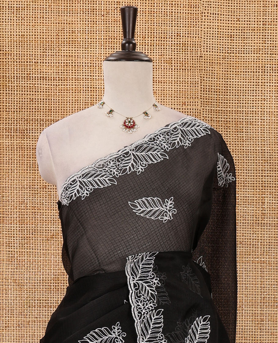 Black leaf motifs embroidered kota checks saree, leaf embroidered scallop border & embroidered pallu & matching thread embroidered blouse