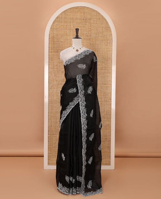 Black leaf motifs embroidered kota checks saree, leaf embroidered scallop border & embroidered pallu & matching thread embroidered blouse
