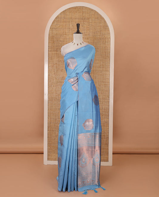 Borderless blue mulberry silk saree with copper & silver zari buttas, self-pallu of intricate designs & zari design blouse