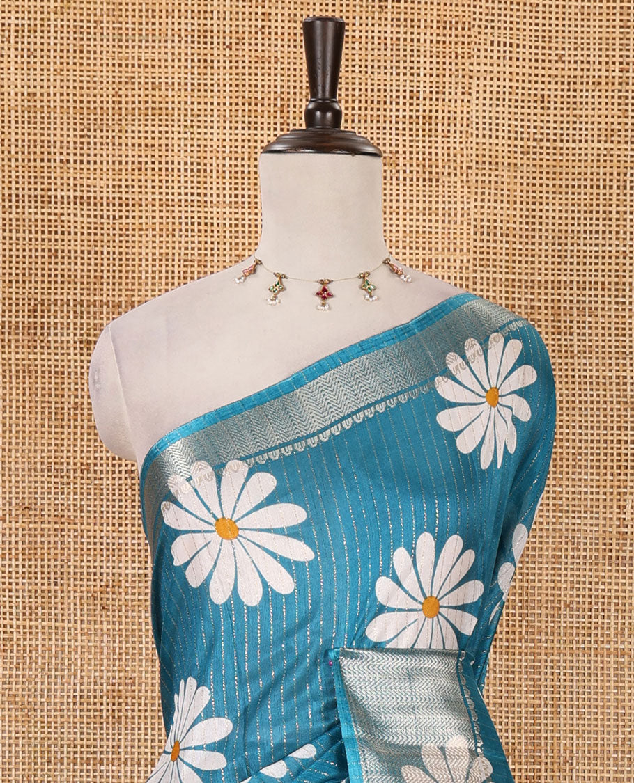 Ramar blue zari striped & sunflower motifs printed dola silk saree, traditional zari border, ikkat printed pallu & printed blouse