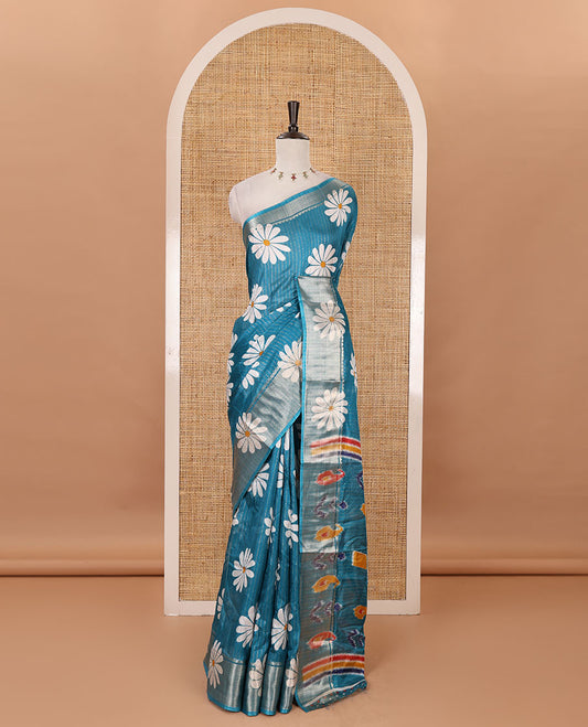 Ramar blue zari striped & sunflower motifs printed dola silk saree, traditional zari border, ikkat printed pallu & printed blouse