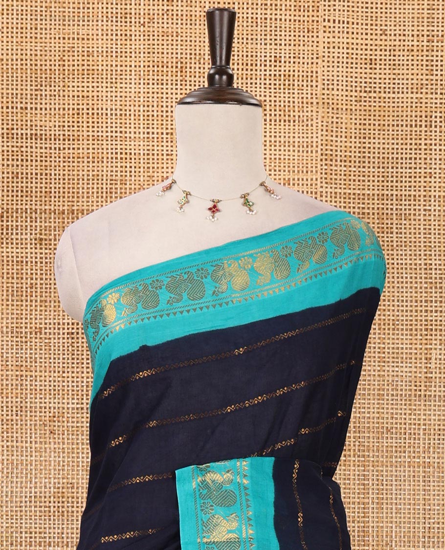 Navy blue zari veldhari striped sungudi cotton saree, contrast temple & annam border, zari striped pallu & contrast zari design blouse