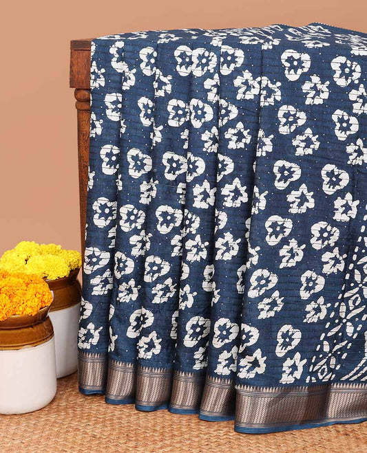 Peacock bluepathik print , sequins design dola silk saree with copper thread border & small pathik printed blouse