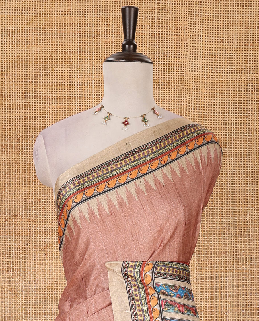 Peach plain semi-tussar saree, contrast temple geometric printed border, kaleidoscope-colored Madhubani-style printed pallu & contrast plain blouse