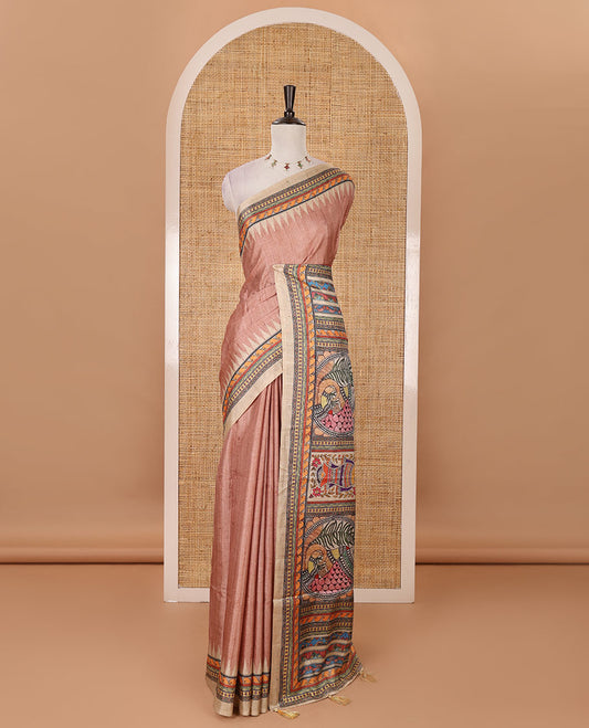 Peach plain semi-tussar saree, contrast temple geometric printed border, kaleidoscope-colored Madhubani-style printed pallu & contrast plain blouse