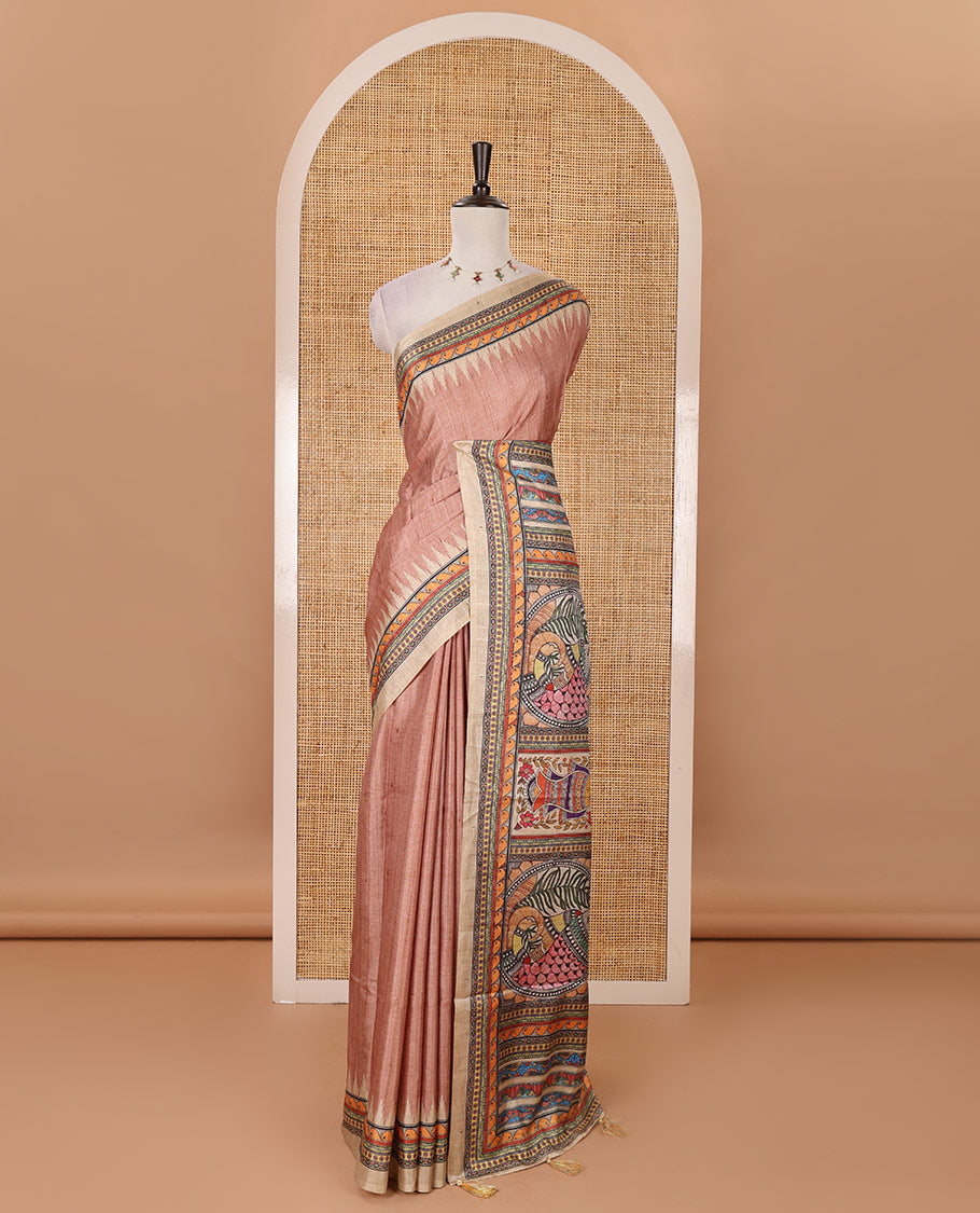 Peach plain semi-tussar saree, contrast temple geometric printed border, kaleidoscope-colored Madhubani-style printed pallu & contrast plain blouse