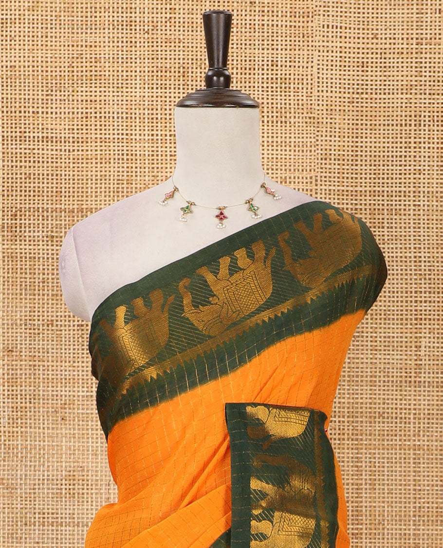 Orange zari checked semi-taffeta silk saree, contrast temple & elephant motif zari border, striped pallu & contrast zari design blouse