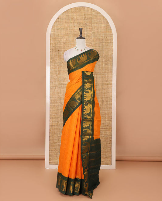 Orange zari checked semi-taffeta silk saree, contrast temple & elephant motif zari border, striped pallu & contrast zari design blouse