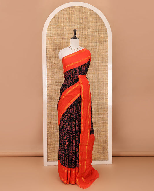 Black-Red Tamil letters printed Sungudi cotton saree, contrast rudraksham rettai pettu zari border, striped pallu & contrast veldhari striped blouse
