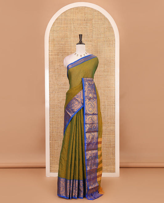 Mehendi green plain design mercerised cotton saree, contrast traditional peacock enclosed manga border, striped pallu & matching blouse
