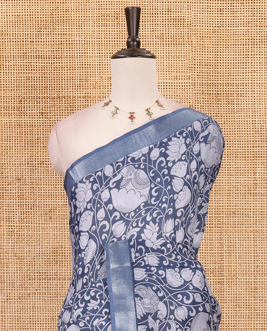 Navy blue flora-fauna kalamkari printed Bhagalpur linen saree, zari border, contrast floral-peacock printed pallu & contrast printed blouse