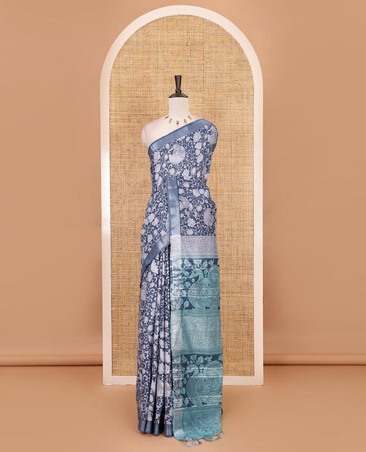 Navy blue flora-fauna kalamkari printed Bhagalpur linen saree, zari border, contrast floral-peacock printed pallu & contrast printed blouse