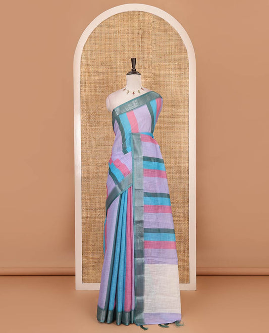Multi-hue stripes-block linen  saree, zari bavanji border, plain pallu & printed blouse