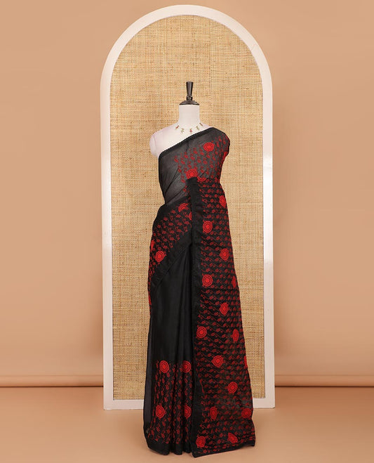Black all-over red thread floral vine and chakram motifs embroidered Kota chex saree, lace border, and plain black blouse