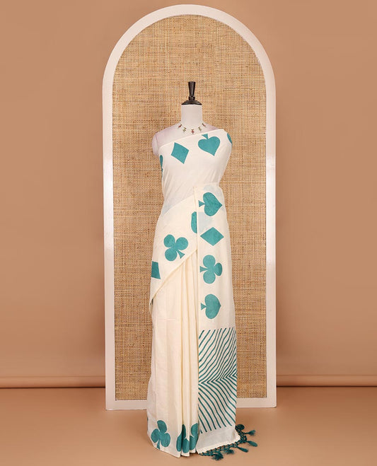 Cream-rama plain Kerala cotton saree, contrast color cards-theme printed border of Diamonds, Clubs, and Spades, leheriya-striped pallu, and plain blouse