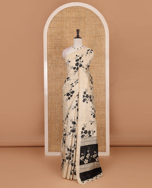 Borderless sandal  five petal floral motifs printed semi tussar saree, self-pallu of  floral print, and printed blouse