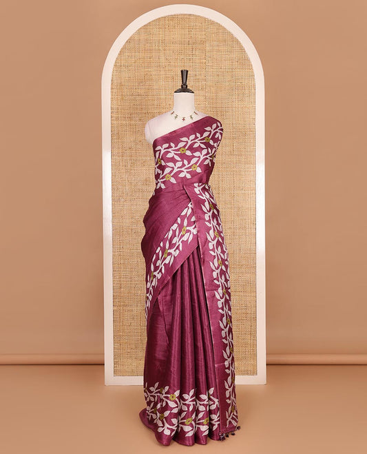 Wine plain khadi cotton saree, floral creeper printed border, and pallu with small buttas printed blouse