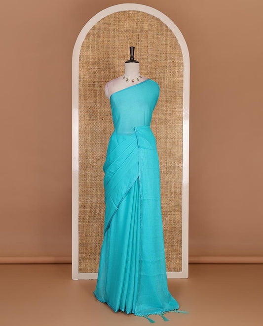 Borderless sky blue plain design viscose saree, flower motifs printed matching blouse