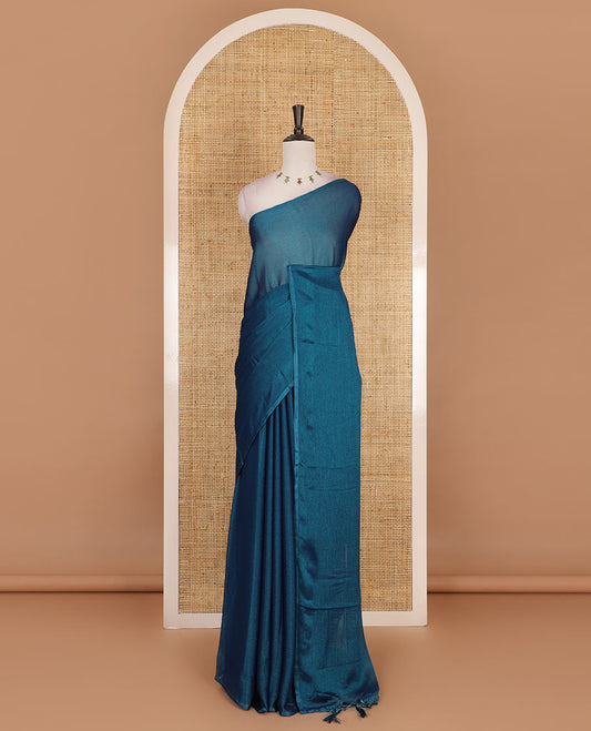 Borderless blue plain design viscose saree, flower motifs printed matching blouse