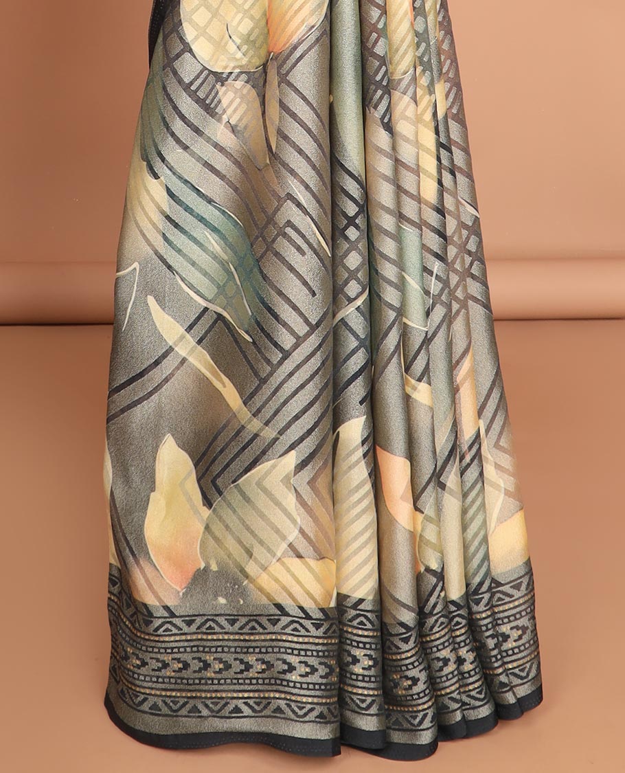 Multi-color geometric digital print moss brasso saree with contrast border & rich tussar pallu