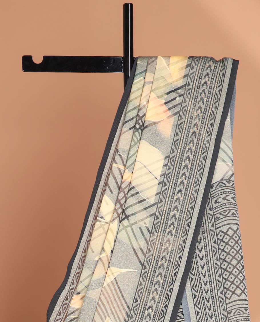 Multi-color geometric digital print moss brasso saree with contrast border & rich tussar pallu