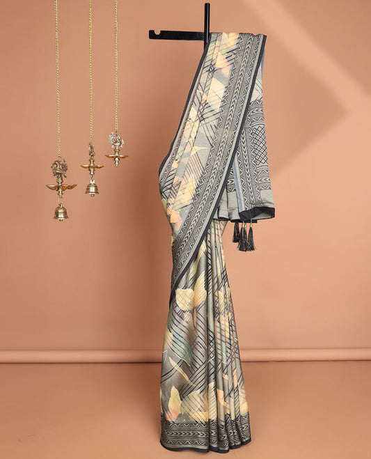 Multi-color geometric digital print moss brasso saree with contrast border & rich tussar pallu