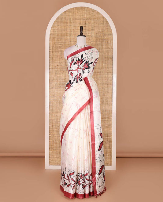 Half-white batik-style floral vine printed khadi cotton saree, contrast red border, batik floral printed, and contrast flower motifs printed blouse