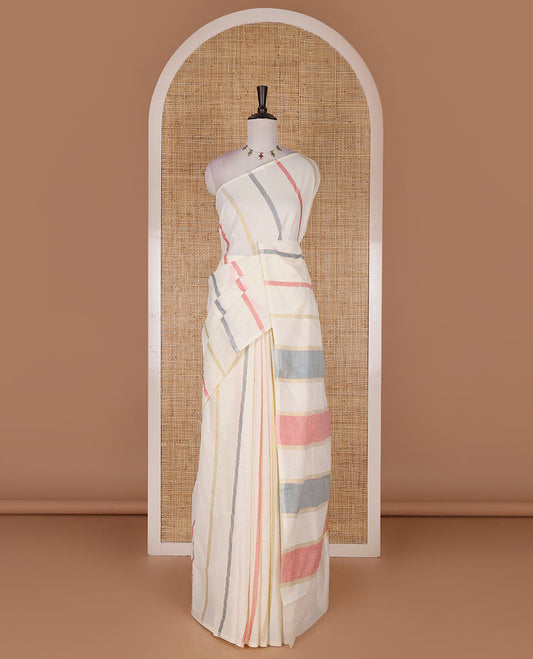 Borderless cream-pink vertical striped Kerala cotton saree, ragkat style pallu, and running blouse