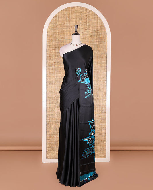 Borderless black-rama blue batik style abstract digital printed satin crepe saree with blouse of small buttas
