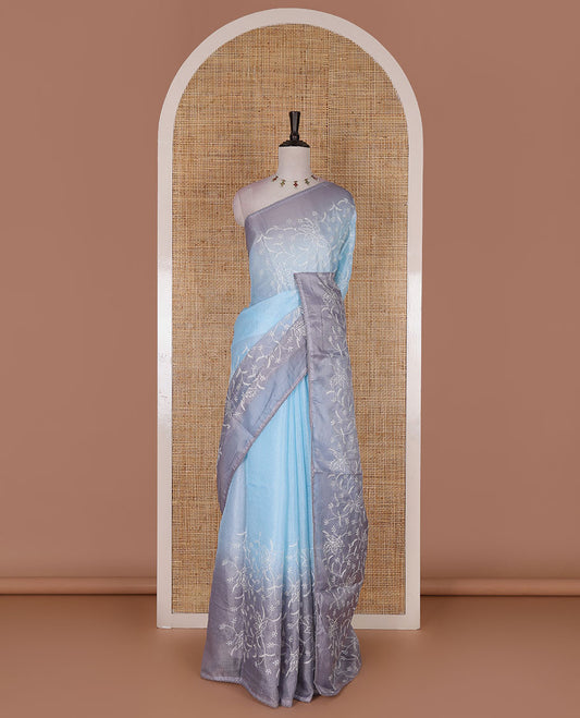 Sky blue-grey floral vine chickankari embroidered kota chex saree, lace border, floral vine chickankari embroidered pallu, and contrast plain blouse