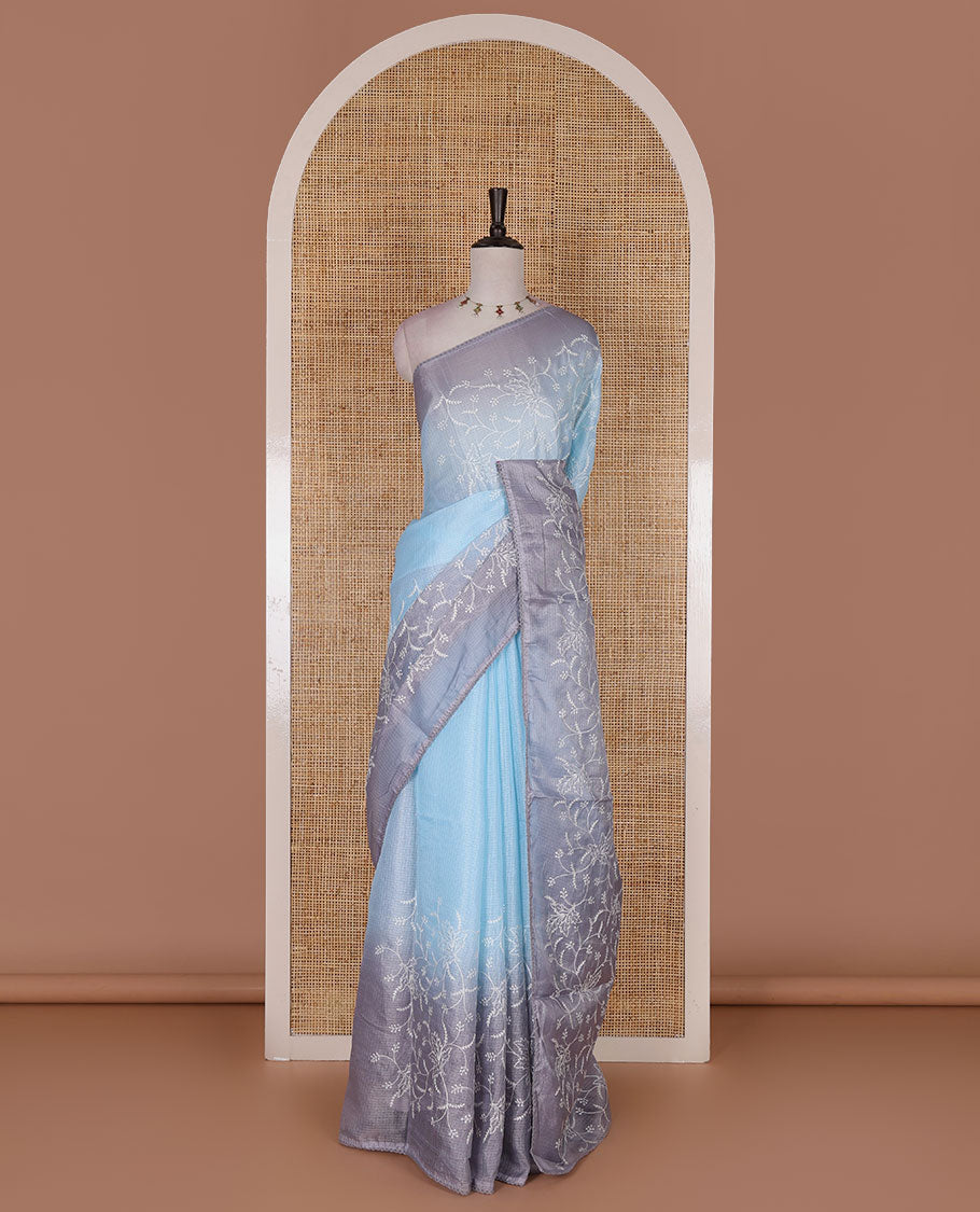 Sky blue-grey floral vine chickankari embroidered kota chex saree, lace border, floral vine chickankari embroidered pallu, and contrast plain blouse