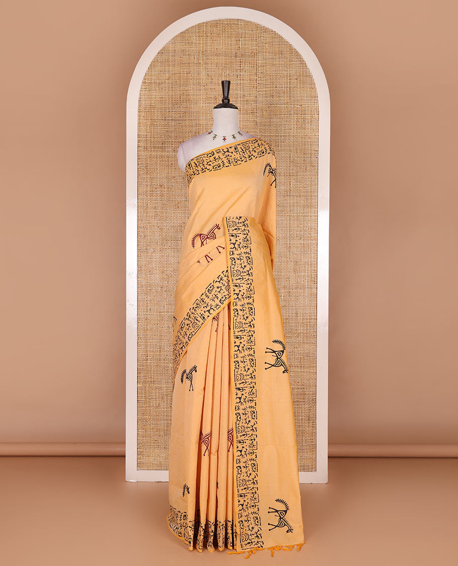 Peach Warli theme horse hand block printed South cotton saree, Warli hand block printed border and pallu, along with contrast handblock printed blouse