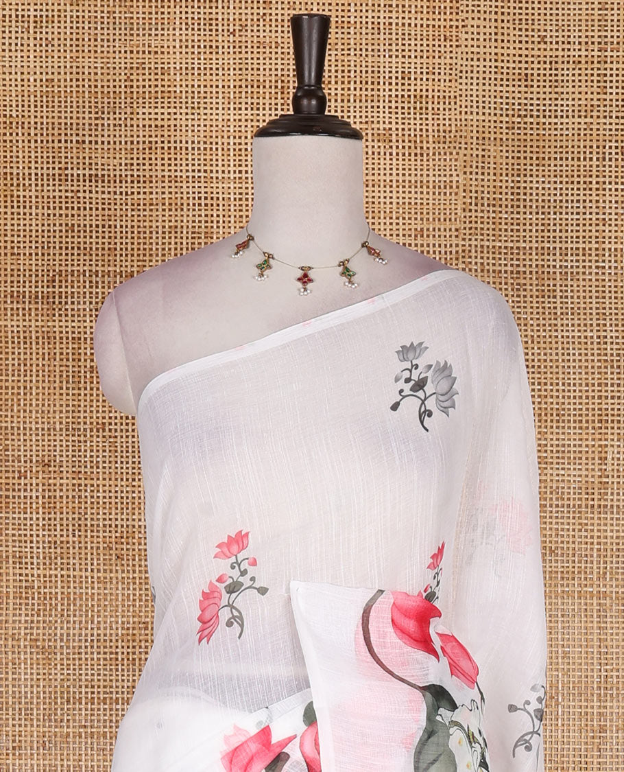 Borderless white pichwai lotus vine and cows linen saree, pichwai printed pallu, and lotus floral printed blouse