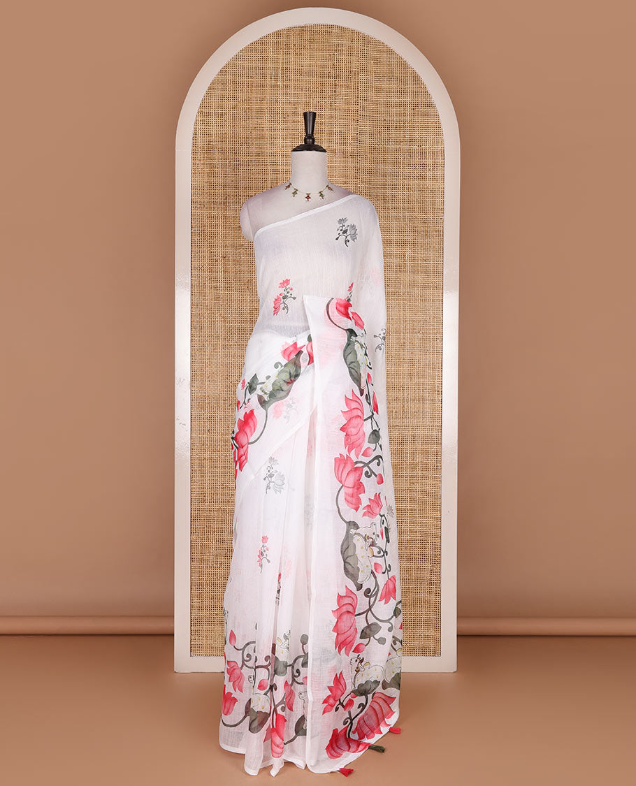 Borderless white pichwai lotus vine and cows linen saree, pichwai printed pallu, and lotus floral printed blouse