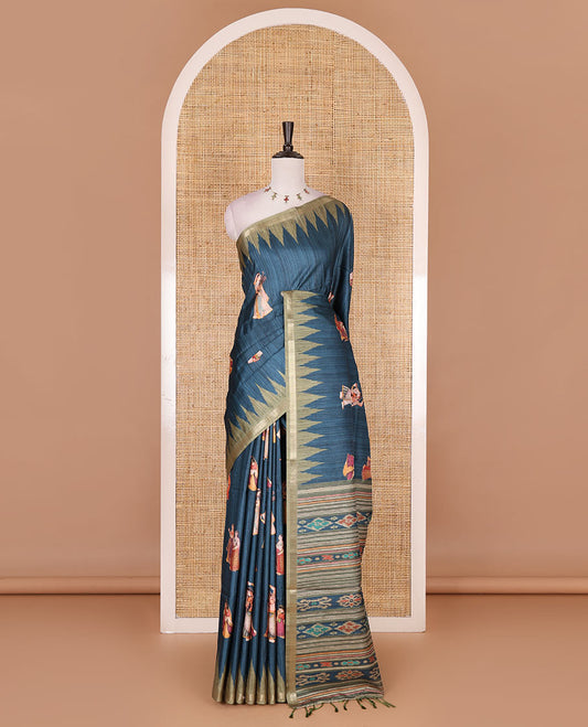 Dark blue Radha motifs printed katan silk saree, contrast temple border, ikkat motifs woven pallu, and contrast printed pallu